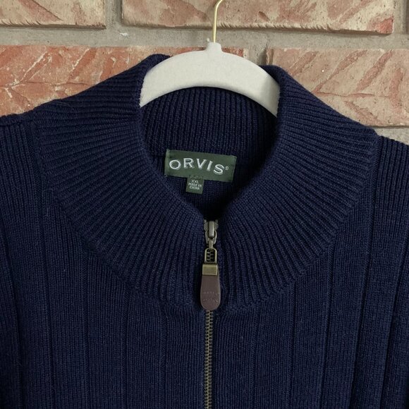 Orvis XX-Large Blue Men's Heavy Knit Wool Pull Over Full Zip Elbow Patch Sweater - Picture 5 of 14